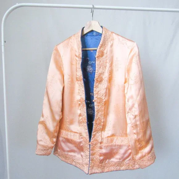 Stunning Vintage Satin Silk Jacket Reversible Satin Floral Jacquard/Small Medium